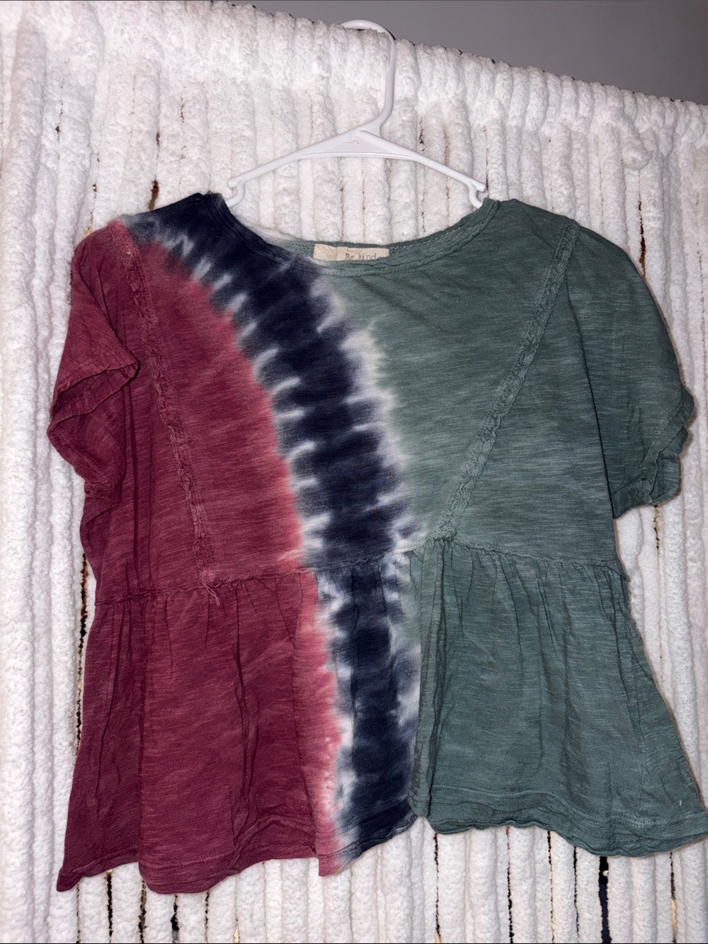 Rewind Tie-Dye Peplum Short Sleeve Top - Green, Burgundy & Navy
